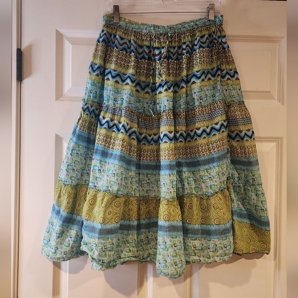 Jane Ashley stretchy blue and green patchwork pattern midi skirt PM